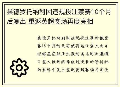桑德罗托纳利因违规投注禁赛10个月后复出 重返英超赛场再度亮相 桑德罗托纳利因违规投注禁赛10个月后复出 重返英超赛场再度亮相